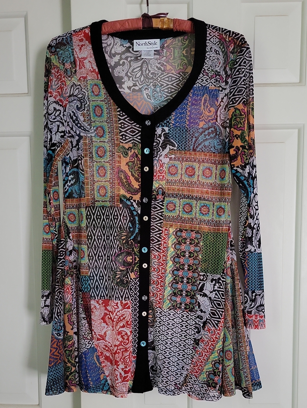 North Style Sheer Patchwork Print Top Tunic Sz M Boho Art To Wear